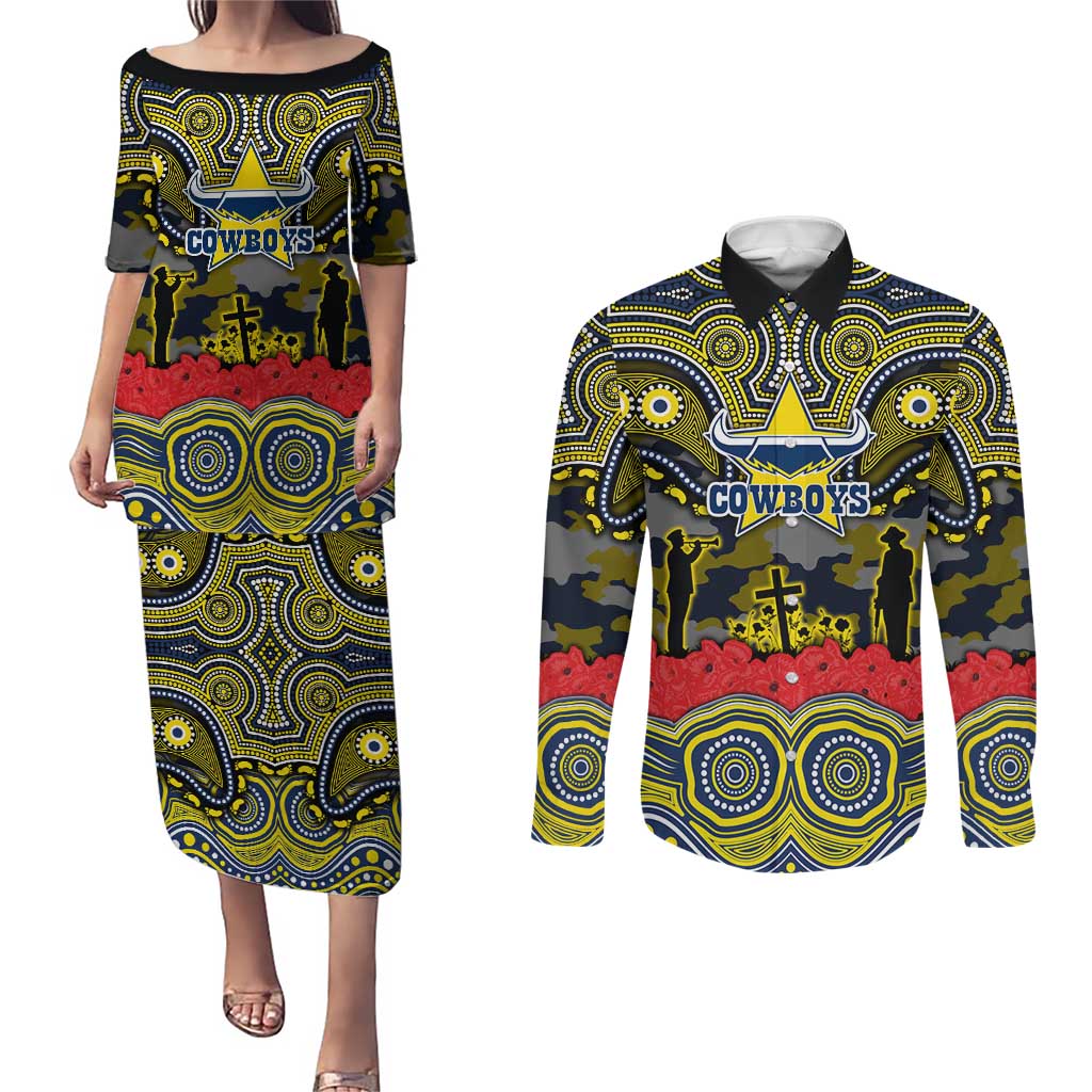 ANZAC Day North Queensland Cowboys Couples Matching Puletasi and Long Sleeve Button Shirt Military Memorial Aboriginal Indigenous Art