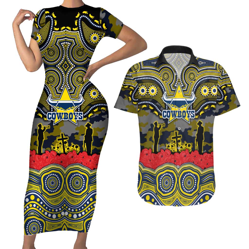 ANZAC Day North Queensland Cowboys Couples Matching Short Sleeve Bodycon Dress and Hawaiian Shirt Military Memorial Aboriginal Indigenous Art