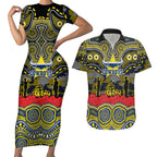 ANZAC Day North Queensland Cowboys Couples Matching Short Sleeve Bodycon Dress and Hawaiian Shirt Military Memorial Aboriginal Indigenous Art