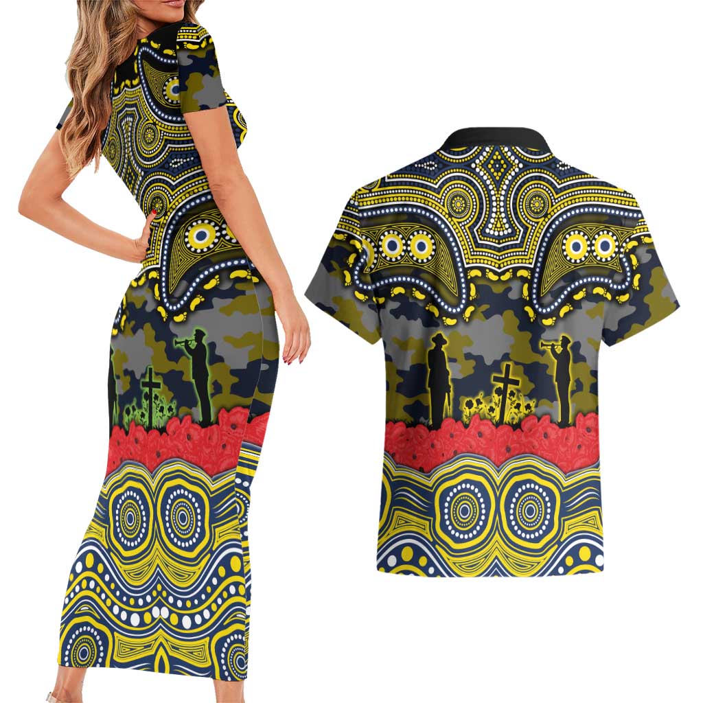 ANZAC Day North Queensland Cowboys Couples Matching Short Sleeve Bodycon Dress and Hawaiian Shirt Military Memorial Aboriginal Indigenous Art