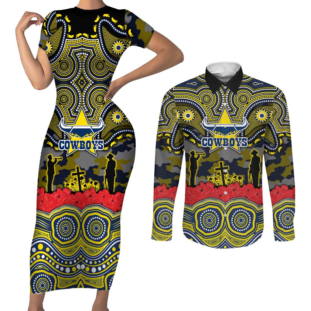 ANZAC Day North Queensland Cowboys Couples Matching Short Sleeve Bodycon Dress and Long Sleeve Button Shirt Military Memorial Aboriginal Indigenous Art
