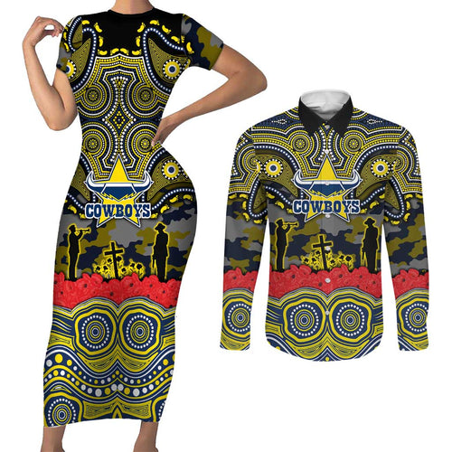 ANZAC Day North Queensland Cowboys Couples Matching Short Sleeve Bodycon Dress and Long Sleeve Button Shirt Military Memorial Aboriginal Indigenous Art