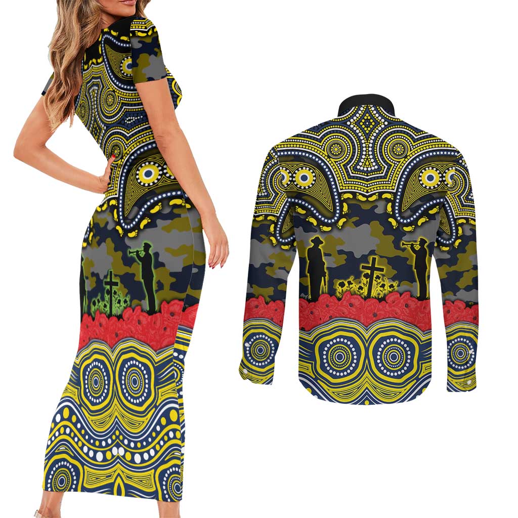 ANZAC Day North Queensland Cowboys Couples Matching Short Sleeve Bodycon Dress and Long Sleeve Button Shirt Military Memorial Aboriginal Indigenous Art