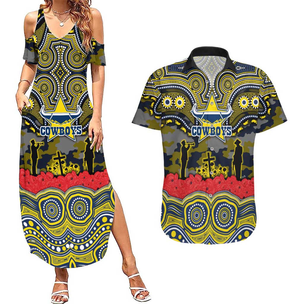 ANZAC Day North Queensland Cowboys Couples Matching Summer Maxi Dress and Hawaiian Shirt Military Memorial Aboriginal Indigenous Art