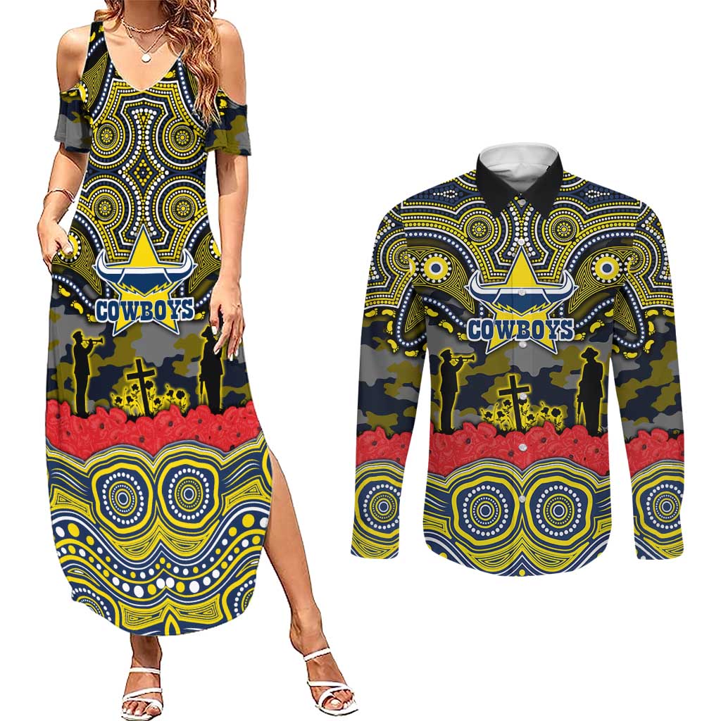 ANZAC Day North Queensland Cowboys Couples Matching Summer Maxi Dress and Long Sleeve Button Shirt Military Memorial Aboriginal Indigenous Art
