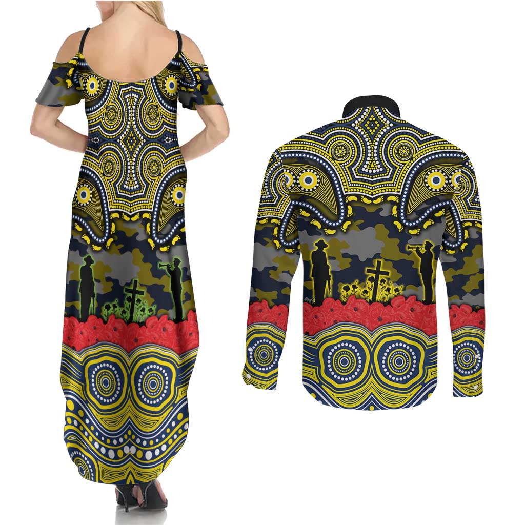 ANZAC Day North Queensland Cowboys Couples Matching Summer Maxi Dress and Long Sleeve Button Shirt Military Memorial Aboriginal Indigenous Art