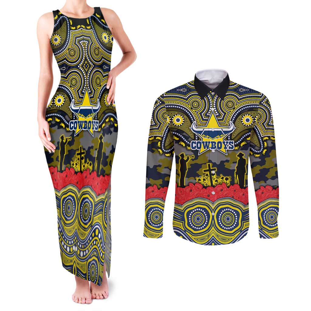 ANZAC Day North Queensland Cowboys Couples Matching Tank Maxi Dress and Long Sleeve Button Shirt Military Memorial Aboriginal Indigenous Art