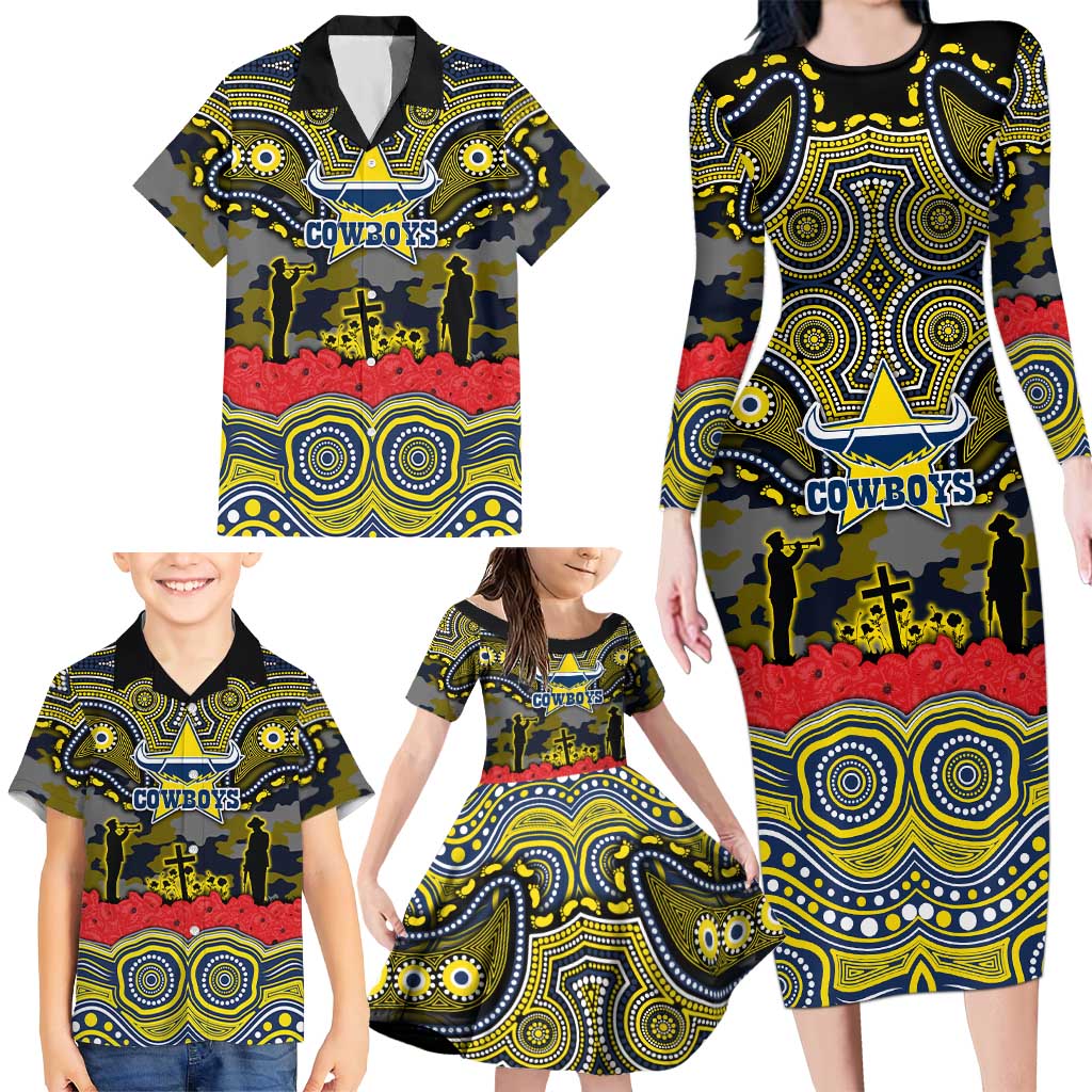 ANZAC Day North Queensland Cowboys Family Matching Long Sleeve Bodycon Dress and Hawaiian Shirt Military Memorial Aboriginal Indigenous Art