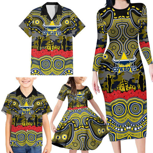 ANZAC Day North Queensland Cowboys Family Matching Long Sleeve Bodycon Dress and Hawaiian Shirt Military Memorial Aboriginal Indigenous Art