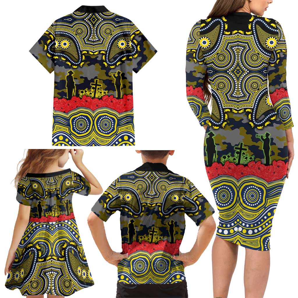 ANZAC Day North Queensland Cowboys Family Matching Long Sleeve Bodycon Dress and Hawaiian Shirt Military Memorial Aboriginal Indigenous Art