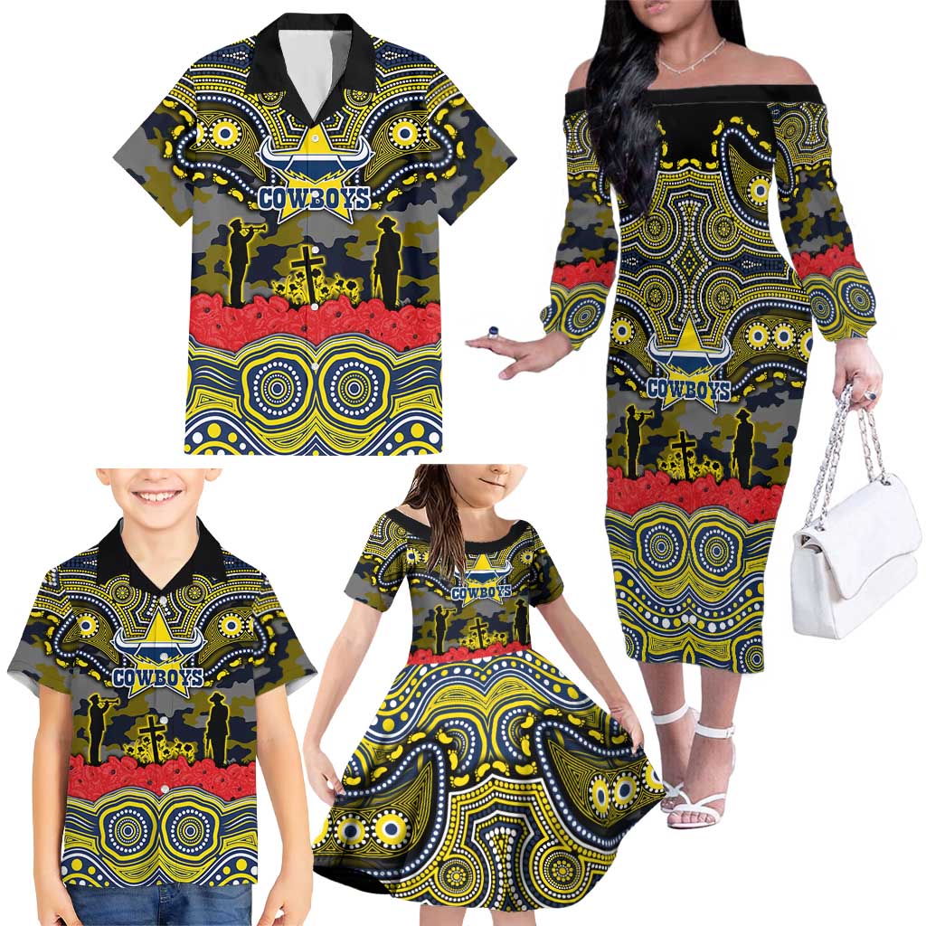 ANZAC Day North Queensland Cowboys Family Matching Off The Shoulder Long Sleeve Dress and Hawaiian Shirt Military Memorial Aboriginal Indigenous Art