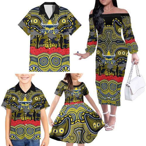 ANZAC Day North Queensland Cowboys Family Matching Off The Shoulder Long Sleeve Dress and Hawaiian Shirt Military Memorial Aboriginal Indigenous Art