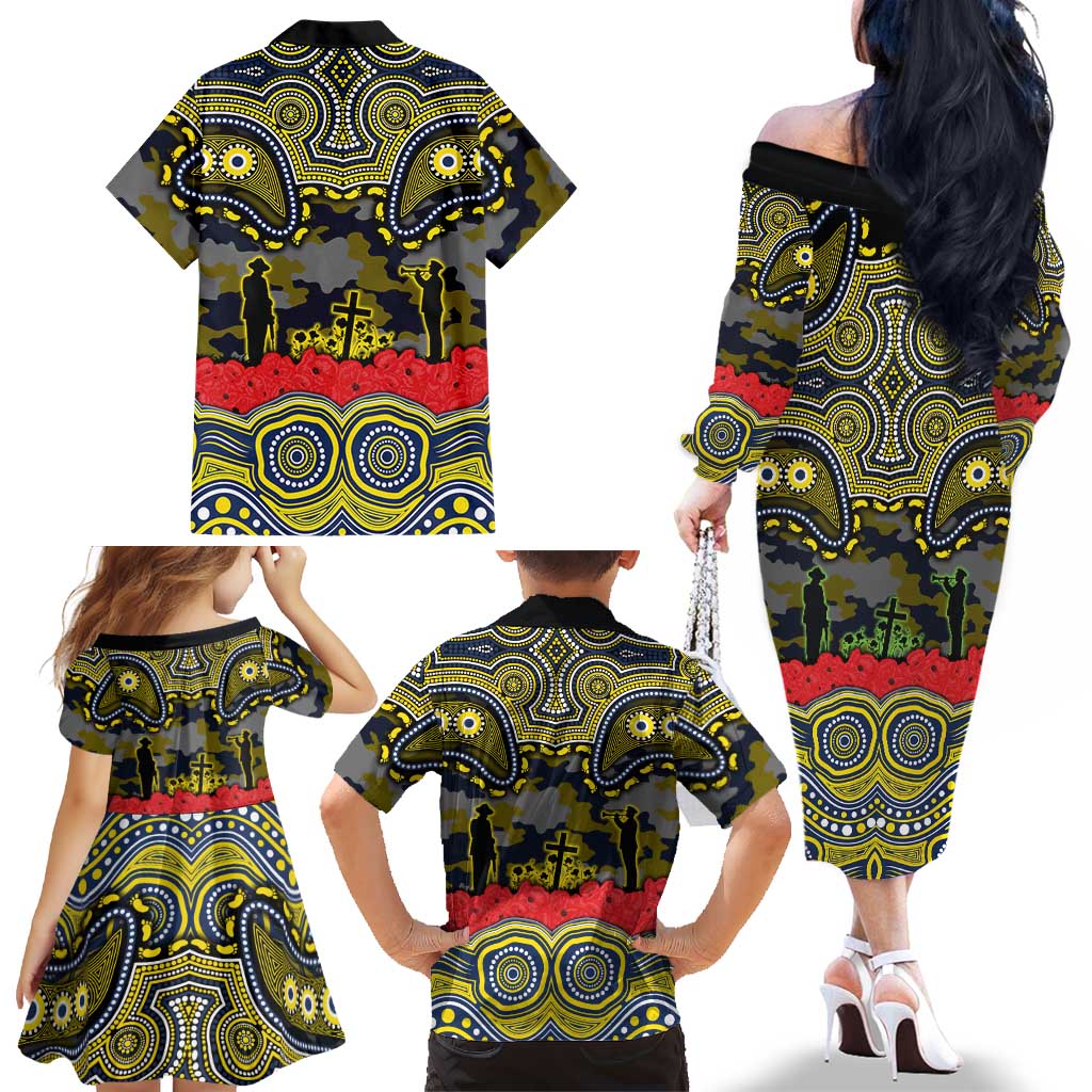 ANZAC Day North Queensland Cowboys Family Matching Off The Shoulder Long Sleeve Dress and Hawaiian Shirt Military Memorial Aboriginal Indigenous Art