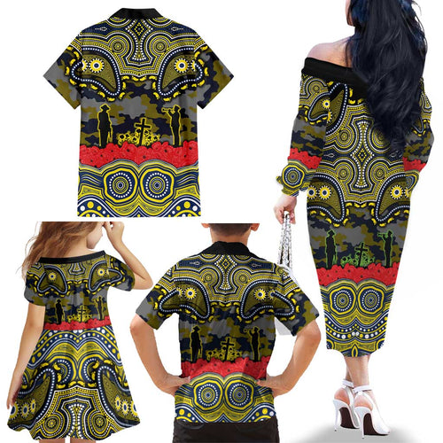 ANZAC Day North Queensland Cowboys Family Matching Off The Shoulder Long Sleeve Dress and Hawaiian Shirt Military Memorial Aboriginal Indigenous Art