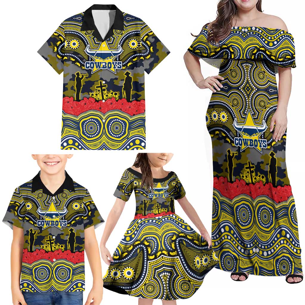 ANZAC Day North Queensland Cowboys Family Matching Off Shoulder Maxi Dress and Hawaiian Shirt Military Memorial Aboriginal Indigenous Art