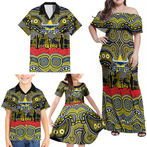 ANZAC Day North Queensland Cowboys Family Matching Off Shoulder Maxi Dress and Hawaiian Shirt Military Memorial Aboriginal Indigenous Art