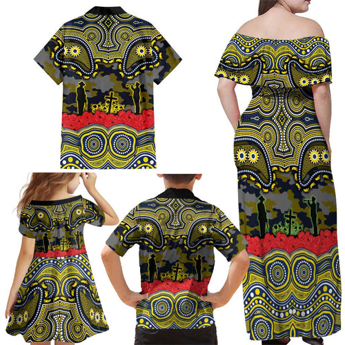 ANZAC Day North Queensland Cowboys Family Matching Off Shoulder Maxi Dress and Hawaiian Shirt Military Memorial Aboriginal Indigenous Art
