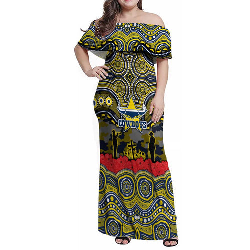ANZAC Day North Queensland Cowboys Family Matching Off Shoulder Maxi Dress and Hawaiian Shirt Military Memorial Aboriginal Indigenous Art
