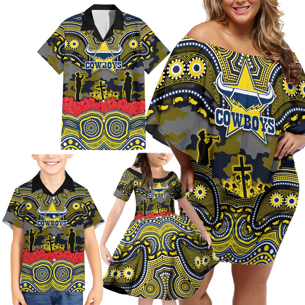 ANZAC Day North Queensland Cowboys Family Matching Off Shoulder Short Dress and Hawaiian Shirt Military Memorial Aboriginal Indigenous Art