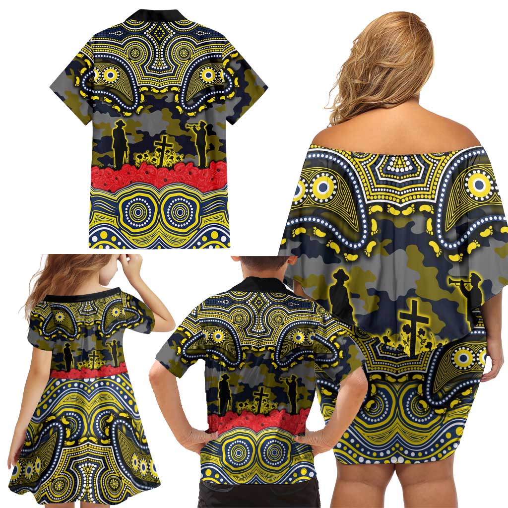 ANZAC Day North Queensland Cowboys Family Matching Off Shoulder Short Dress and Hawaiian Shirt Military Memorial Aboriginal Indigenous Art