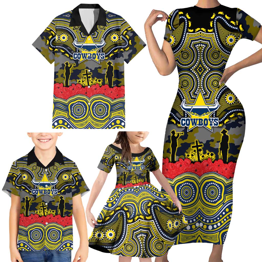 ANZAC Day North Queensland Cowboys Family Matching Short Sleeve Bodycon Dress and Hawaiian Shirt Military Memorial Aboriginal Indigenous Art
