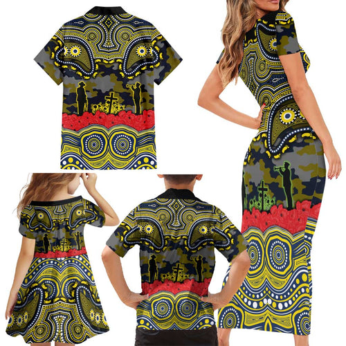 ANZAC Day North Queensland Cowboys Family Matching Short Sleeve Bodycon Dress and Hawaiian Shirt Military Memorial Aboriginal Indigenous Art