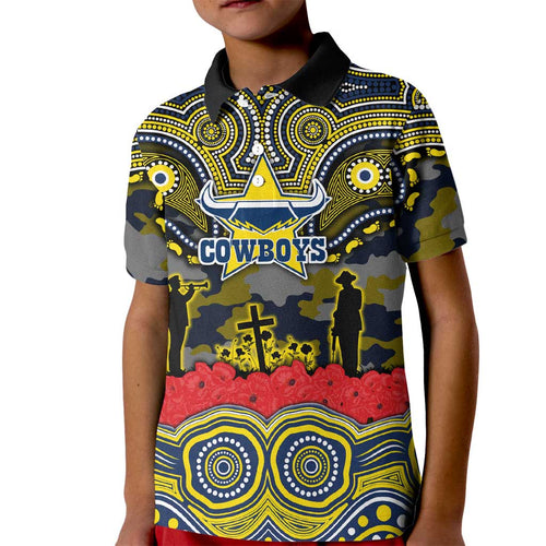 ANZAC Day North Queensland Cowboys Kid Polo Shirt Military Memorial Aboriginal Indigenous Art