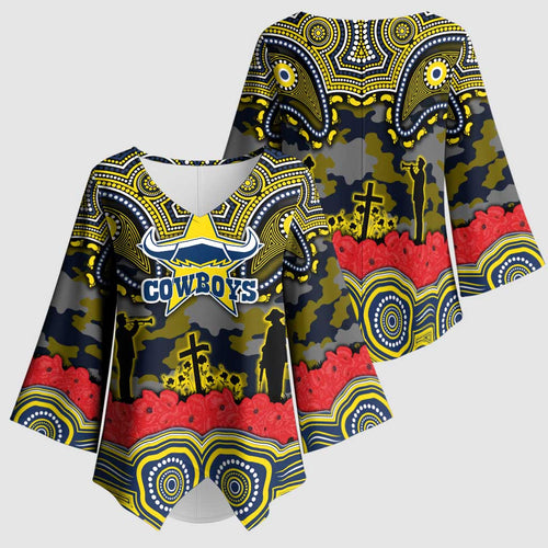 ANZAC Day North Queensland Cowboys Kimono Sleeve Blouse Military Memorial Aboriginal Indigenous Art
