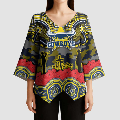 ANZAC Day North Queensland Cowboys Kimono Sleeve Blouse Military Memorial Aboriginal Indigenous Art