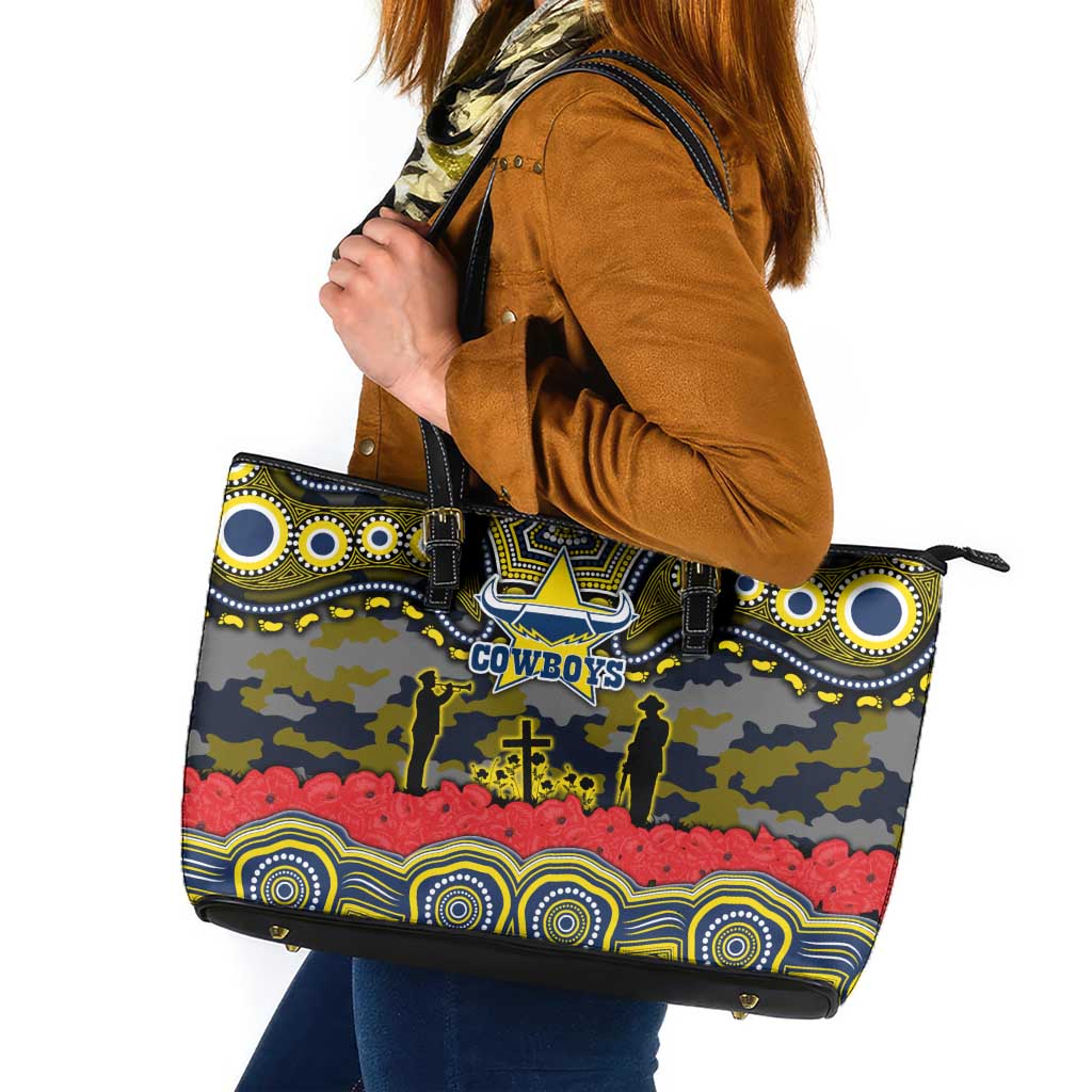 ANZAC Day North Queensland Cowboys Leather Tote Bag Military Memorial Aboriginal Indigenous Art
