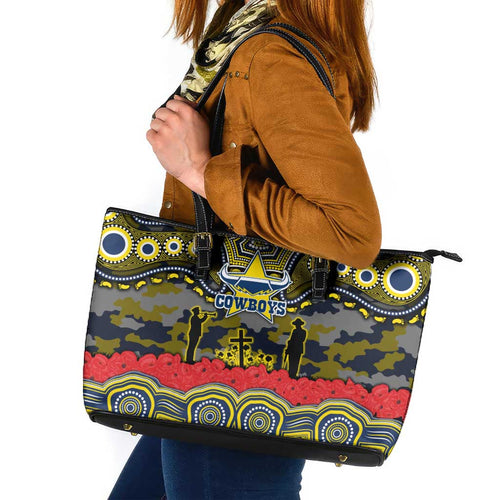 ANZAC Day North Queensland Cowboys Leather Tote Bag Military Memorial Aboriginal Indigenous Art