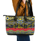 ANZAC Day North Queensland Cowboys Leather Tote Bag Military Memorial Aboriginal Indigenous Art
