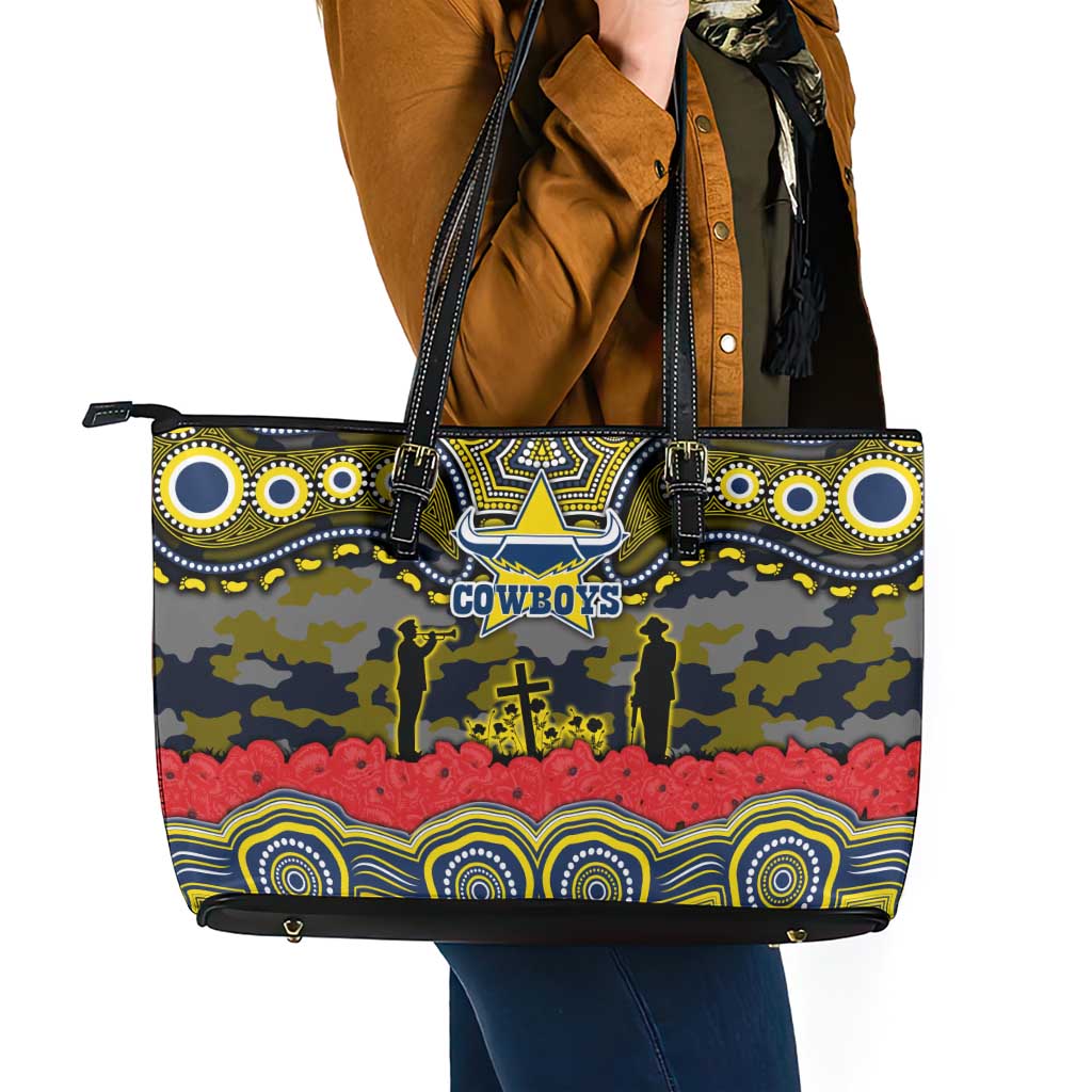ANZAC Day North Queensland Cowboys Leather Tote Bag Military Memorial Aboriginal Indigenous Art
