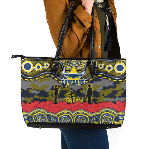 ANZAC Day North Queensland Cowboys Leather Tote Bag Military Memorial Aboriginal Indigenous Art