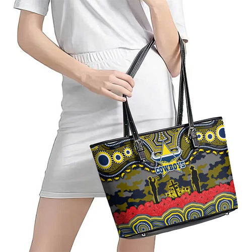 ANZAC Day North Queensland Cowboys Leather Tote Bag Military Memorial Aboriginal Indigenous Art