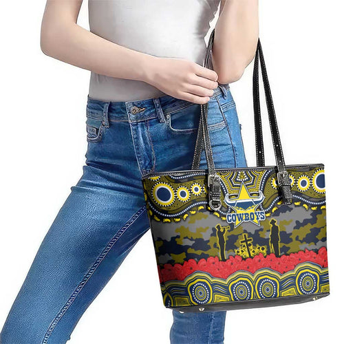 ANZAC Day North Queensland Cowboys Leather Tote Bag Military Memorial Aboriginal Indigenous Art