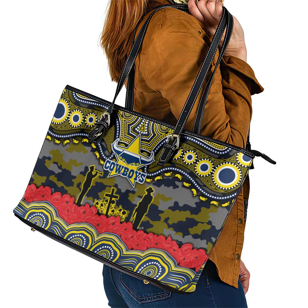 ANZAC Day North Queensland Cowboys Leather Tote Bag Military Memorial Aboriginal Indigenous Art