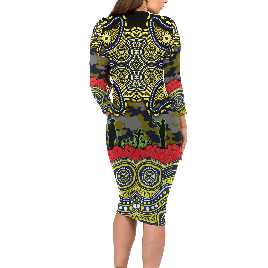 ANZAC Day North Queensland Cowboys Long Sleeve Bodycon Dress Military Memorial Aboriginal Indigenous Art