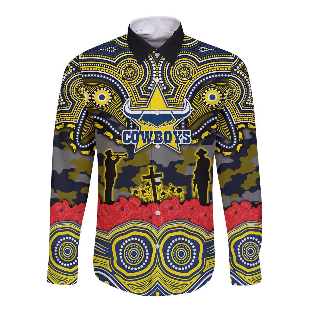ANZAC Day North Queensland Cowboys Long Sleeve Button Shirt Military Memorial Aboriginal Indigenous Art