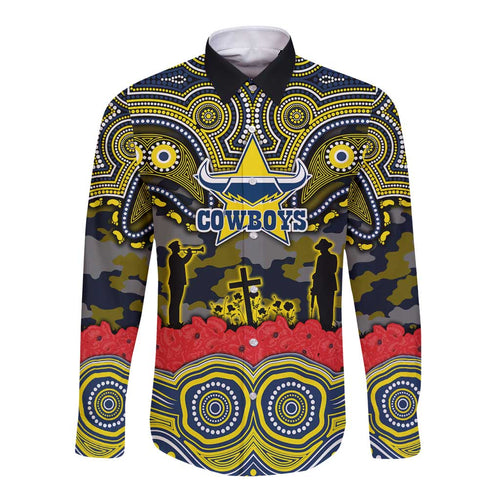 ANZAC Day North Queensland Cowboys Long Sleeve Button Shirt Military Memorial Aboriginal Indigenous Art