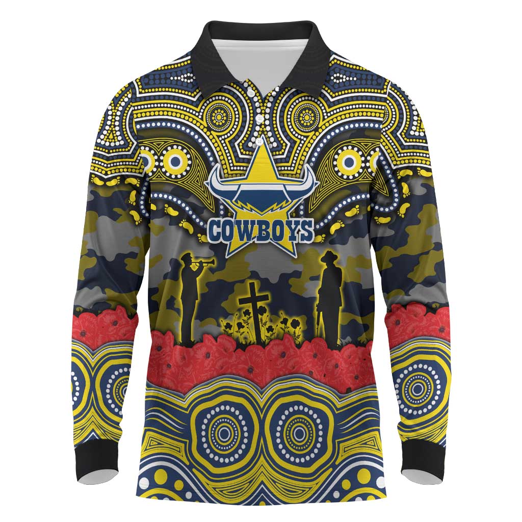ANZAC Day North Queensland Cowboys Long Sleeve Polo Shirt Military Memorial Aboriginal Indigenous Art