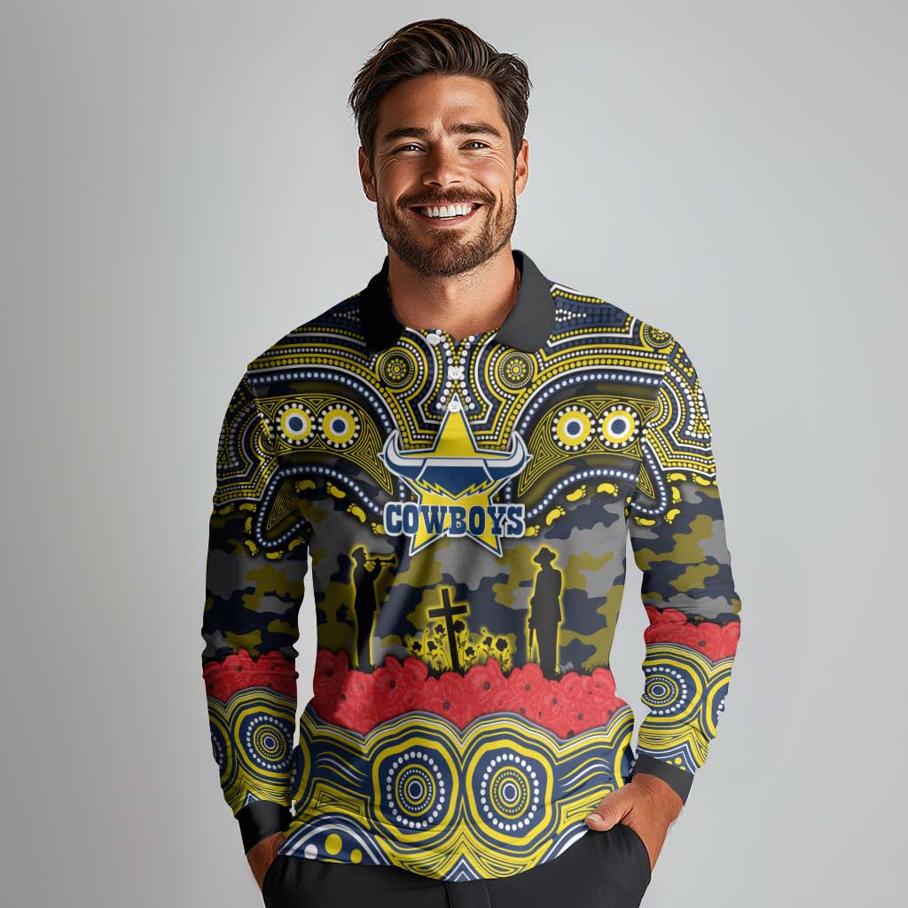 ANZAC Day North Queensland Cowboys Long Sleeve Polo Shirt Military Memorial Aboriginal Indigenous Art