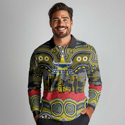 ANZAC Day North Queensland Cowboys Long Sleeve Polo Shirt Military Memorial Aboriginal Indigenous Art