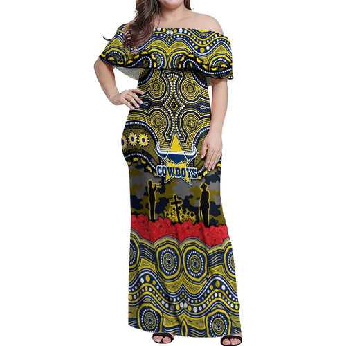 ANZAC Day North Queensland Cowboys Off Shoulder Maxi Dress Military Memorial Aboriginal Indigenous Art