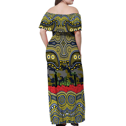 ANZAC Day North Queensland Cowboys Off Shoulder Maxi Dress Military Memorial Aboriginal Indigenous Art