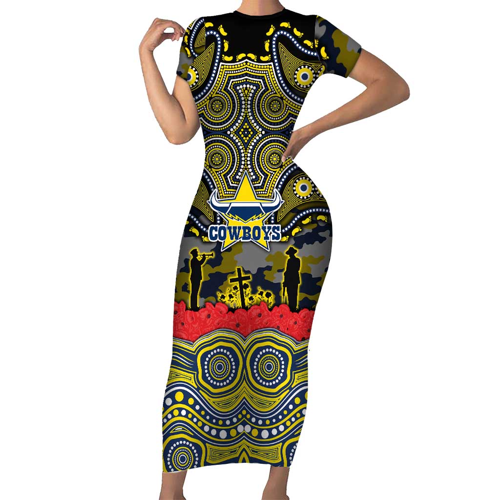 ANZAC Day North Queensland Cowboys Short Sleeve Bodycon Dress Military Memorial Aboriginal Indigenous Art