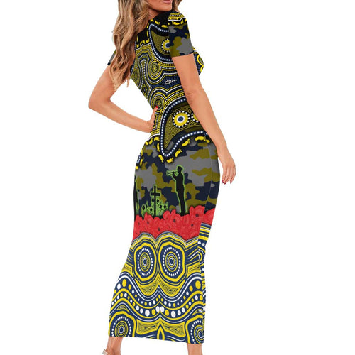ANZAC Day North Queensland Cowboys Short Sleeve Bodycon Dress Military Memorial Aboriginal Indigenous Art