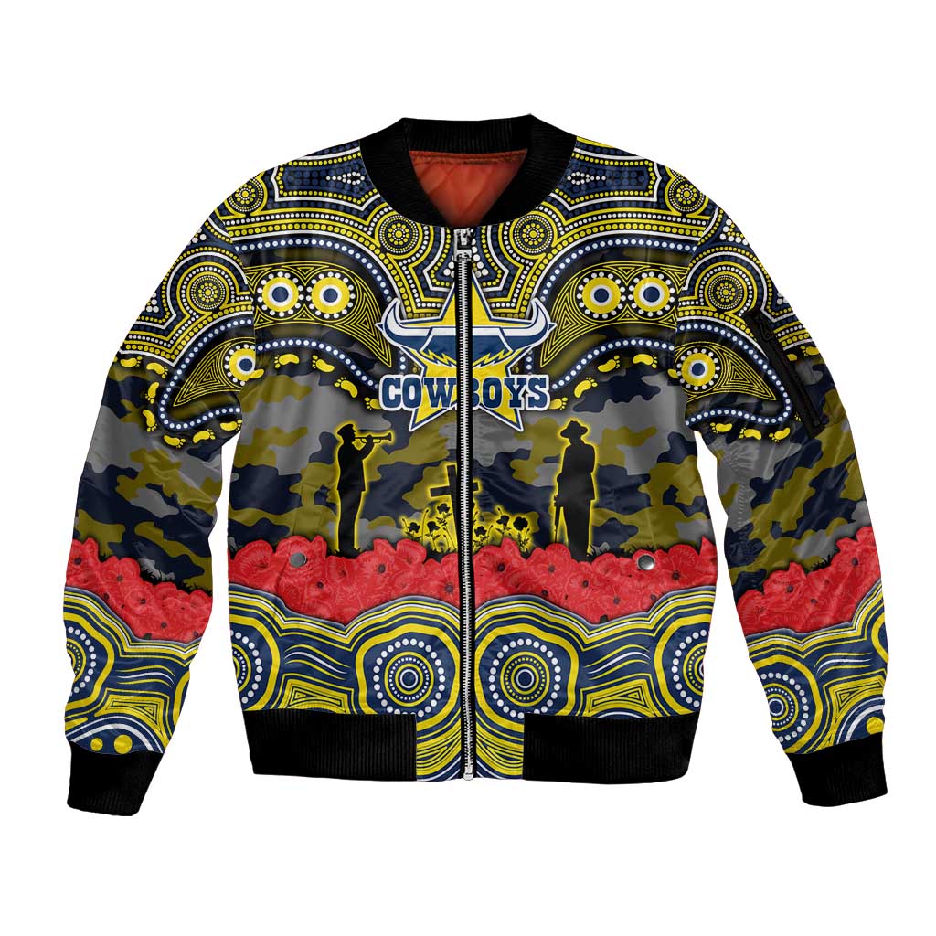 ANZAC Day North Queensland Cowboys Sleeve Zip Bomber Jacket Military Memorial Aboriginal Indigenous Art