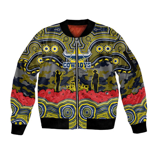 ANZAC Day North Queensland Cowboys Sleeve Zip Bomber Jacket Military Memorial Aboriginal Indigenous Art