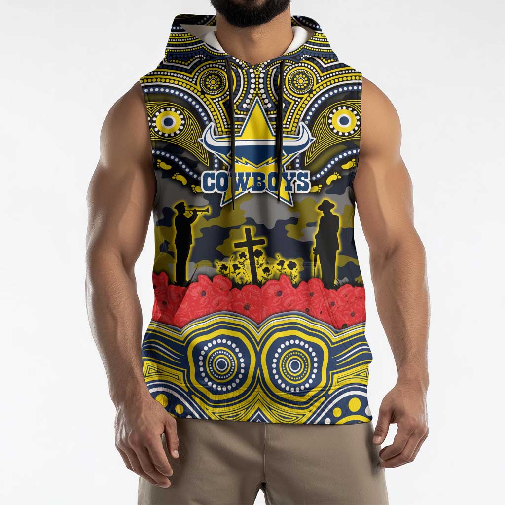 ANZAC Day North Queensland Cowboys Sleeveless Hoodie Military Memorial Aboriginal Indigenous Art